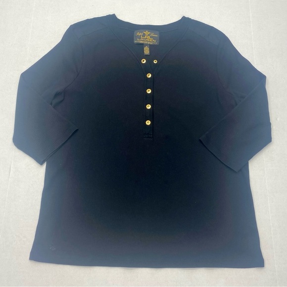 Ralph Lauren Women’s Top 1X Black Ribbed Gold Snaps 3/4 SL - Picture 1 of 11